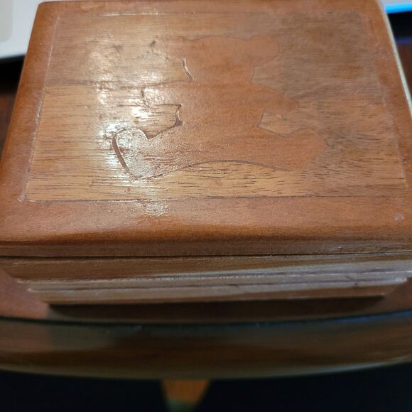 Stained Sm Wood Trinket Box Inlay Teddy Bear Handmade Signed - Picture 2 of 10